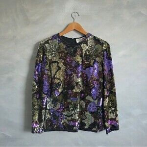 Vintage Oleg Cassini Black Tie Size S Beaded Sequined Multicolor